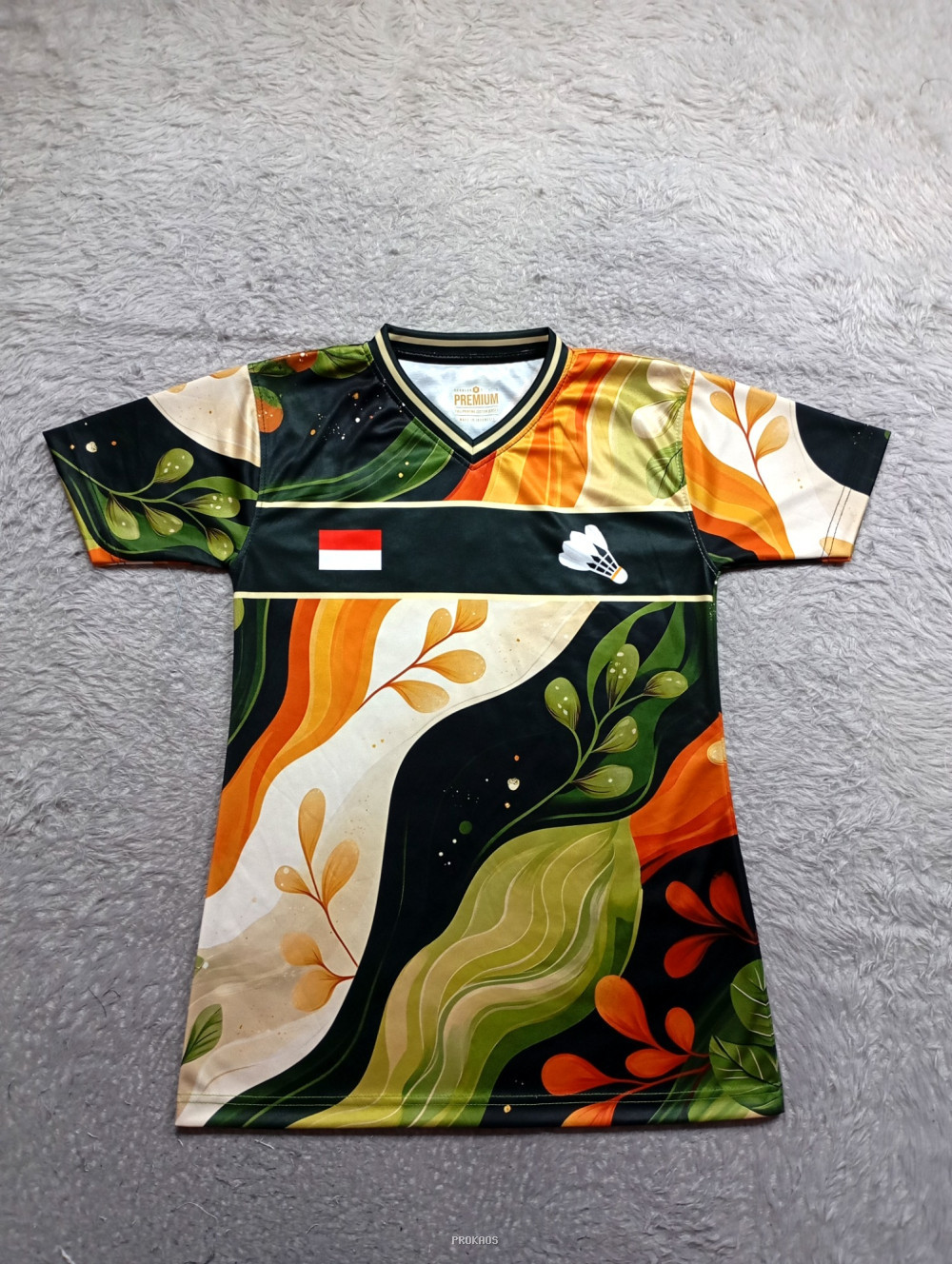 Jersey Badminton Motif Daun, Bendera Merah Putih & Logo Shuttlecock - Jersey Custom PROKAOS