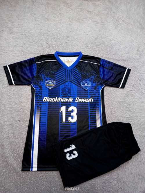 Jersey Blackhawk Smash: Hitam-Biru dengan Nomor 13 - Jersey Custom PROKAOS