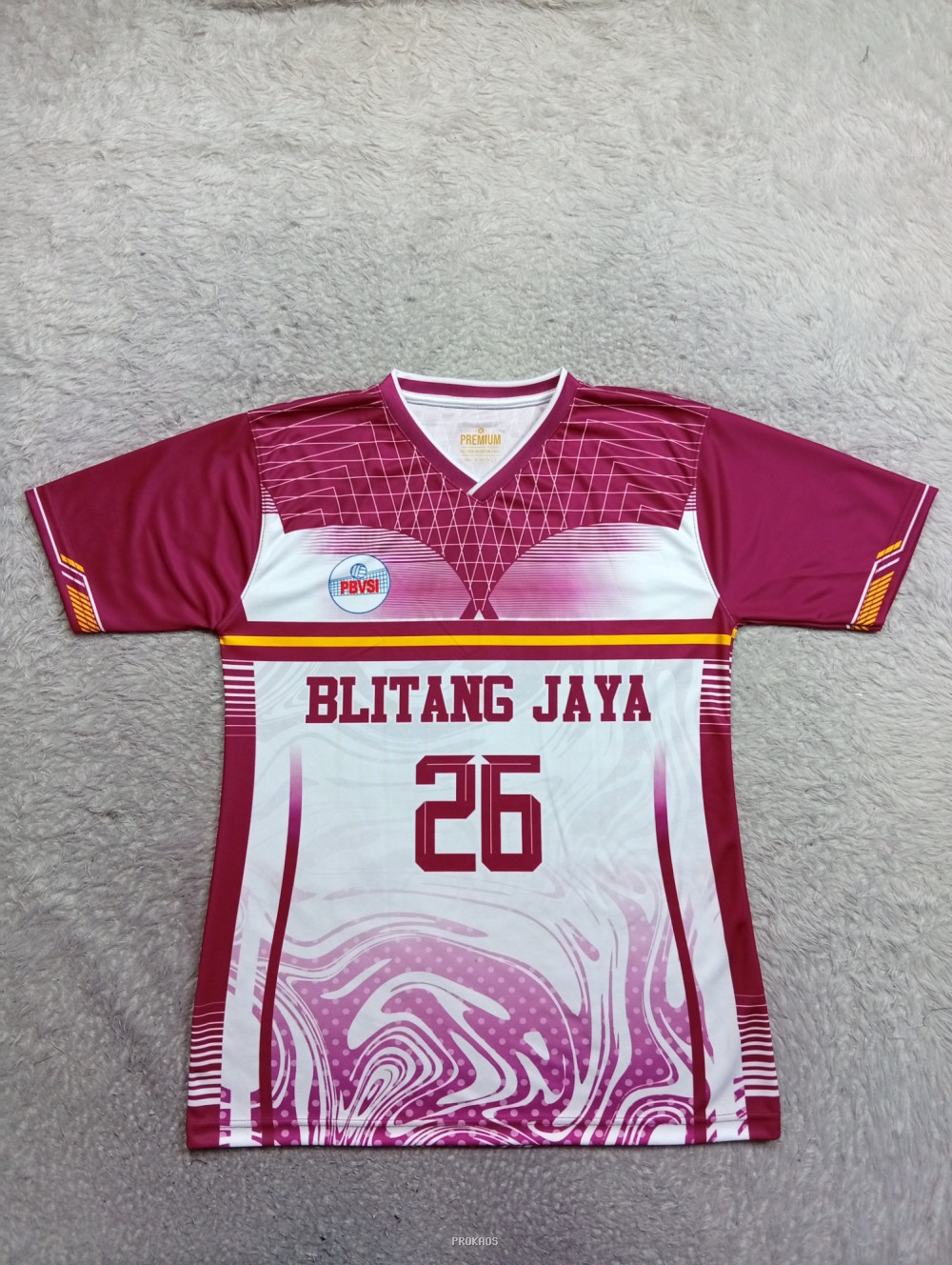 Jersey Bola Voli Blitang Jaya: Warna Ungu-Putih-Merah - Jersey Custom PROKAOS