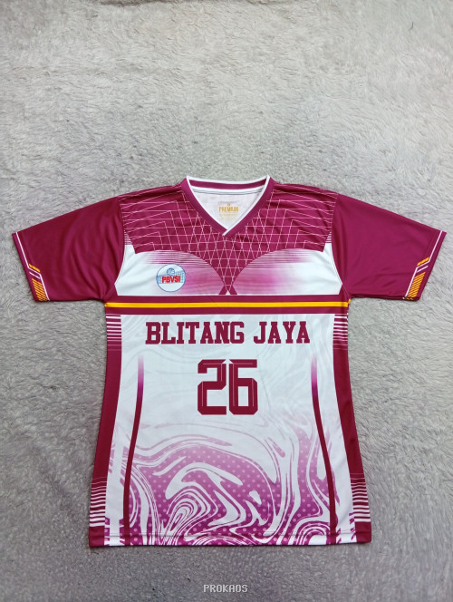 Jersey Bola Voli Blitang Jaya: Warna Ungu-Putih-Merah - Jersey Custom PROKAOS