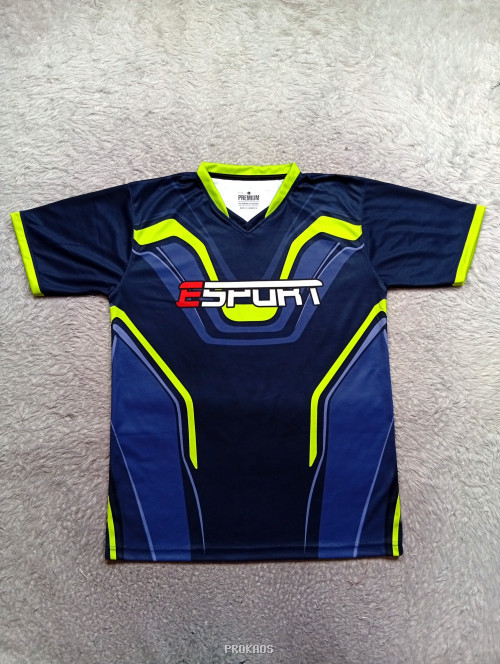 Jersey Esports Biru Gelap dengan Detail Neon dan Logo - Jersey Custom PROKAOS