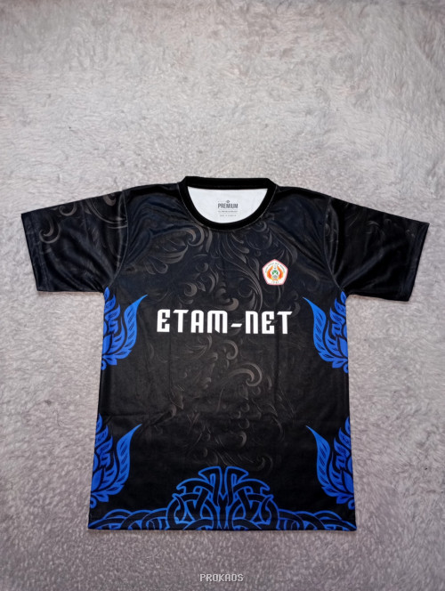 Jersey ETAM-NET: Hitam Elegan dengan Motif & Aksen Biru - Jersey Custom PROKAOS
