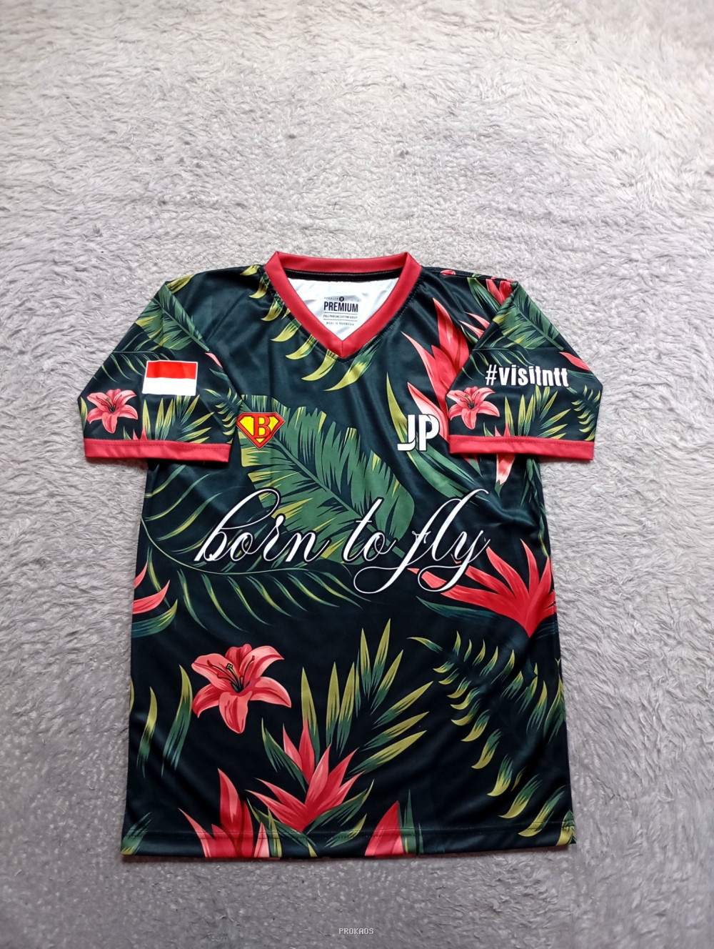 Jersey Floral: Born to Fly dengan Warna Merah-Hijau-Hitam - Jersey Custom PROKAOS