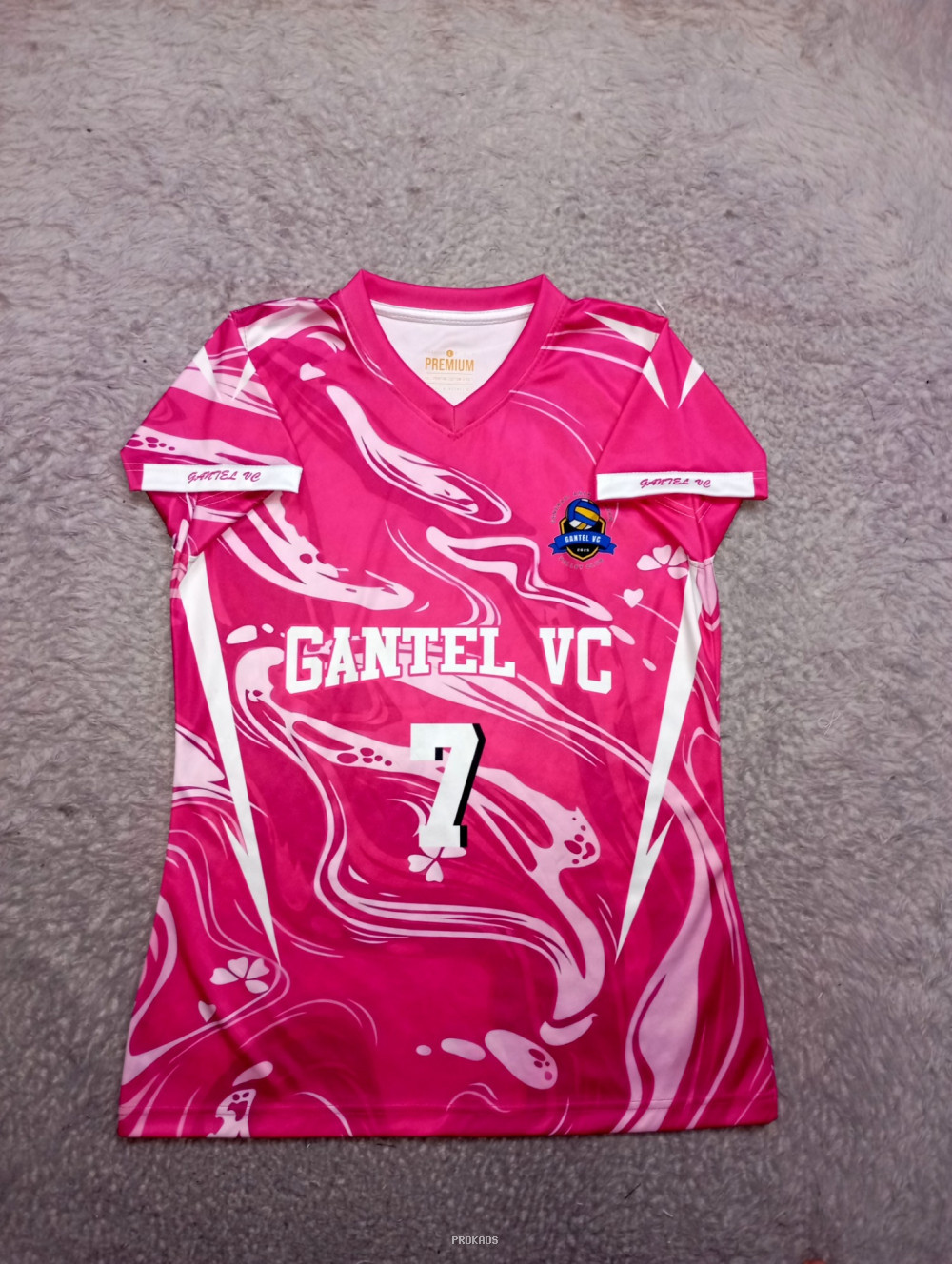 Jersey GANTEL VC: Pink dengan Motif Gelombang & Logo - Jersey Custom PROKAOS