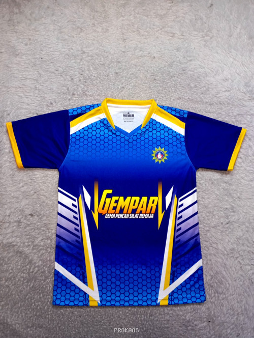 Jersey Gema Pencak Silat Remaja: Desain Dinamis Biru-Kuning - Jersey Custom PROKAOS