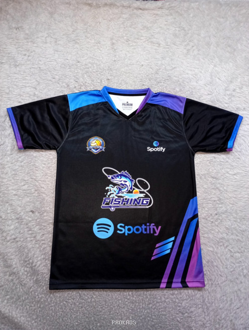 Jersey Hitam Fishing dengan Desain Warna Cerah dan Branding Spotify - Jersey Custom PROKAOS