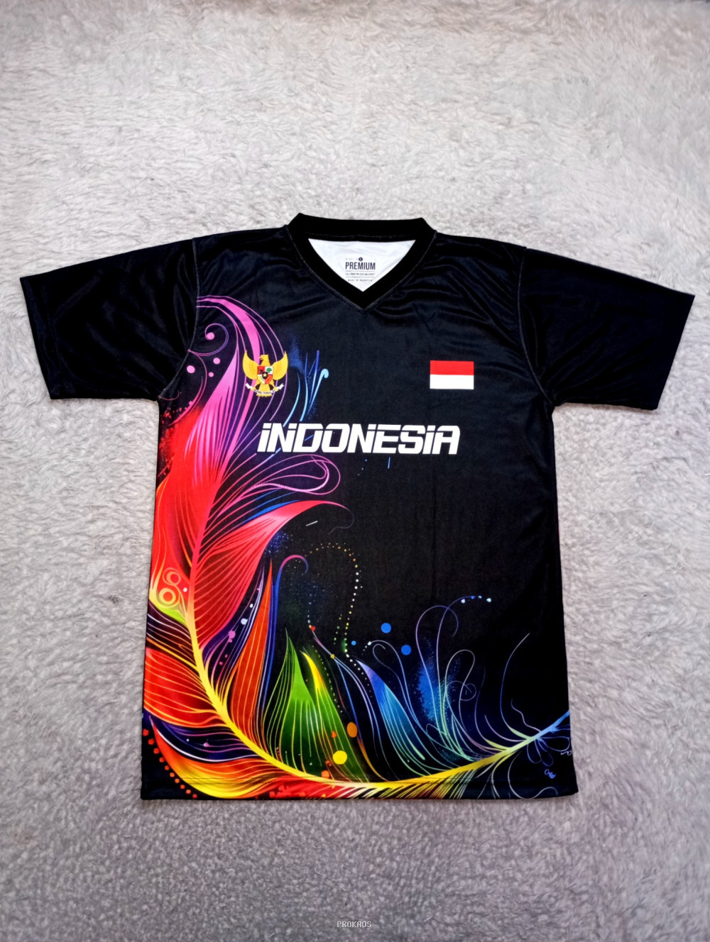Jersey Hitam Indonesia dengan Motif Bulu Warna-warni - Jersey Custom PROKAOS
