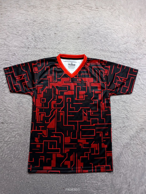 Jersey Hitam Merah: Desain Circuit Modern dengan Kerah V-Neck - Jersey Custom PROKAOS