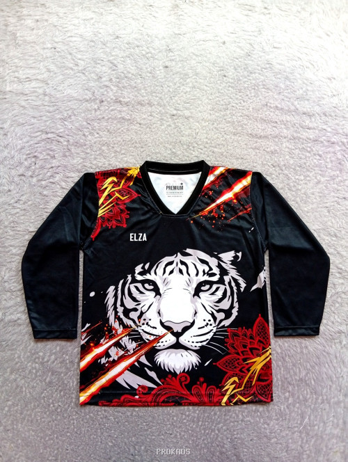 Jersey Hitam Motif Harimau dengan Ornamen Merah-Emas - Gambar 3