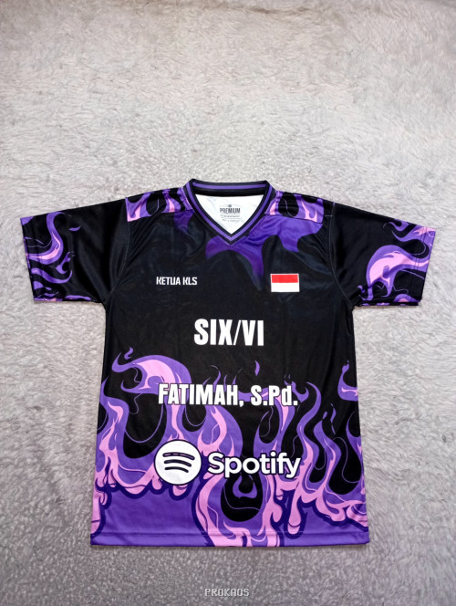 Jersey Hitam SIX/VI dengan Desain Api Ungu dan Spotify - Jersey Custom PROKAOS