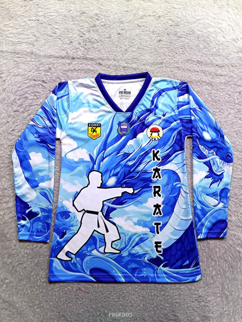 Jersey Karate: Naga Biru dengan Siluet Atlet, Lengan Panjang - Jersey Custom PROKAOS