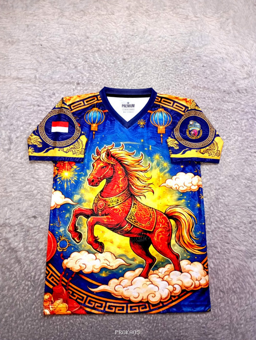 Jersey Kuda Merah dengan Desain Tiongkok dan Bendera Indonesia - Jersey Custom PROKAOS