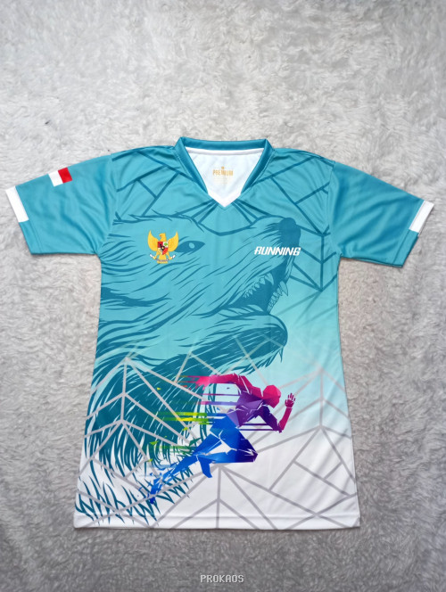 Jersey Lari Desain Singa dan Pelari: Warna Teal & Grafis Dinamis - Jersey Custom PROKAOS