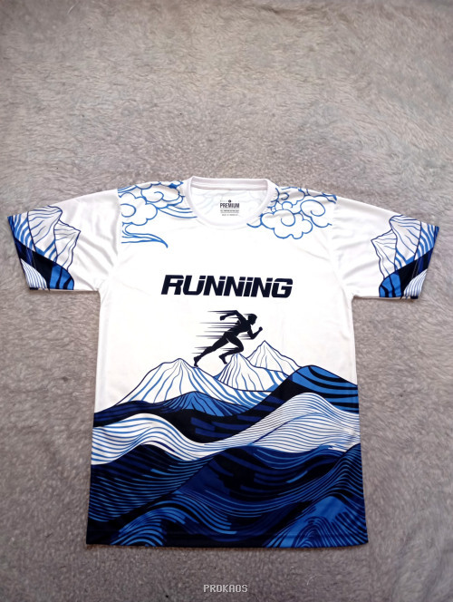 Jersey Lari Putih dengan Desain Gunung dan Runner - Jersey Custom PROKAOS