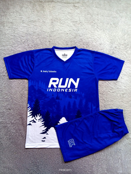 Jersey Lari 'RUN INDONESIA' Biru dengan Desain Hutan - Jersey Custom PROKAOS