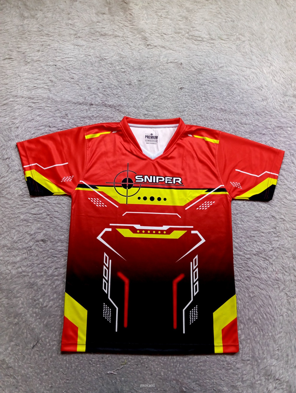 Jersey Merah 'Sniper' dengan Desain Futuristik - Jersey Custom PROKAOS