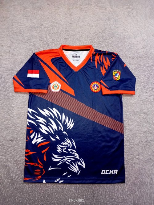 Jersey Olahraga Biru-Oranye dengan Motif Kepala Singa - Jersey Custom PROKAOS