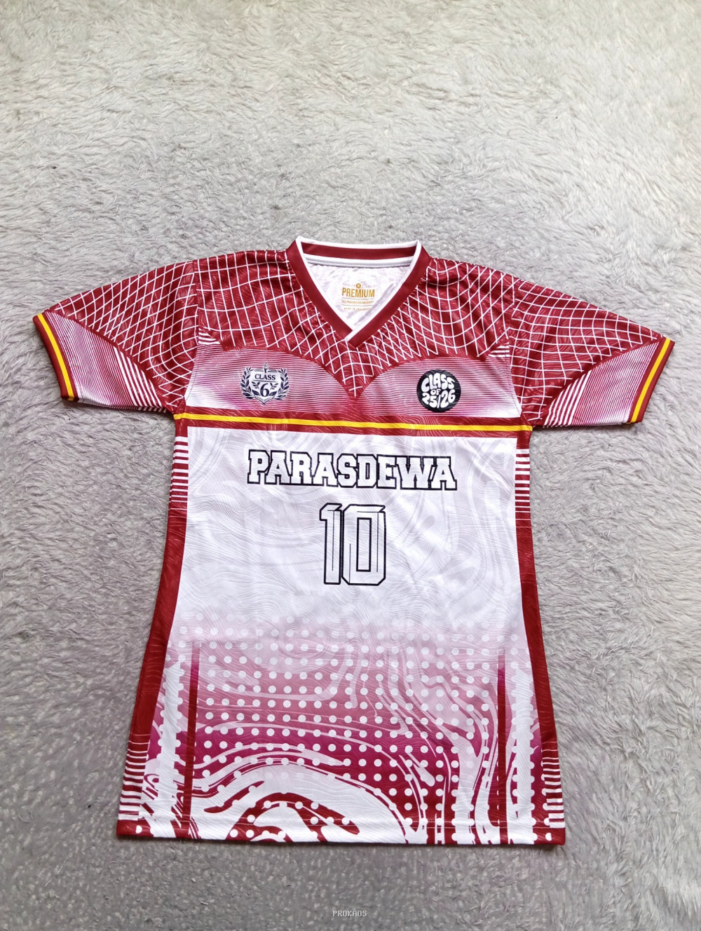 Jersey Parasdewa: Merah-Putih dengan Detail Grid dan Dot - Jersey Custom PROKAOS