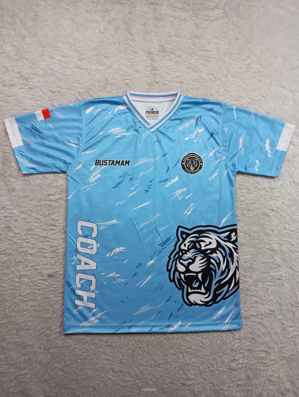 Jersey Taekwondo Biru Muda dengan Logo Harimau dan Aceh Utara - Jersey Custom PROKAOS
