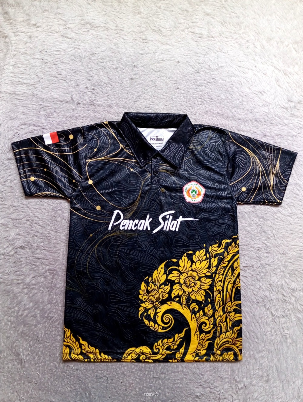Jersey Pencak Silat Hitam dengan Motif Emas dan Bendera Merah Putih - Jersey Custom PROKAOS