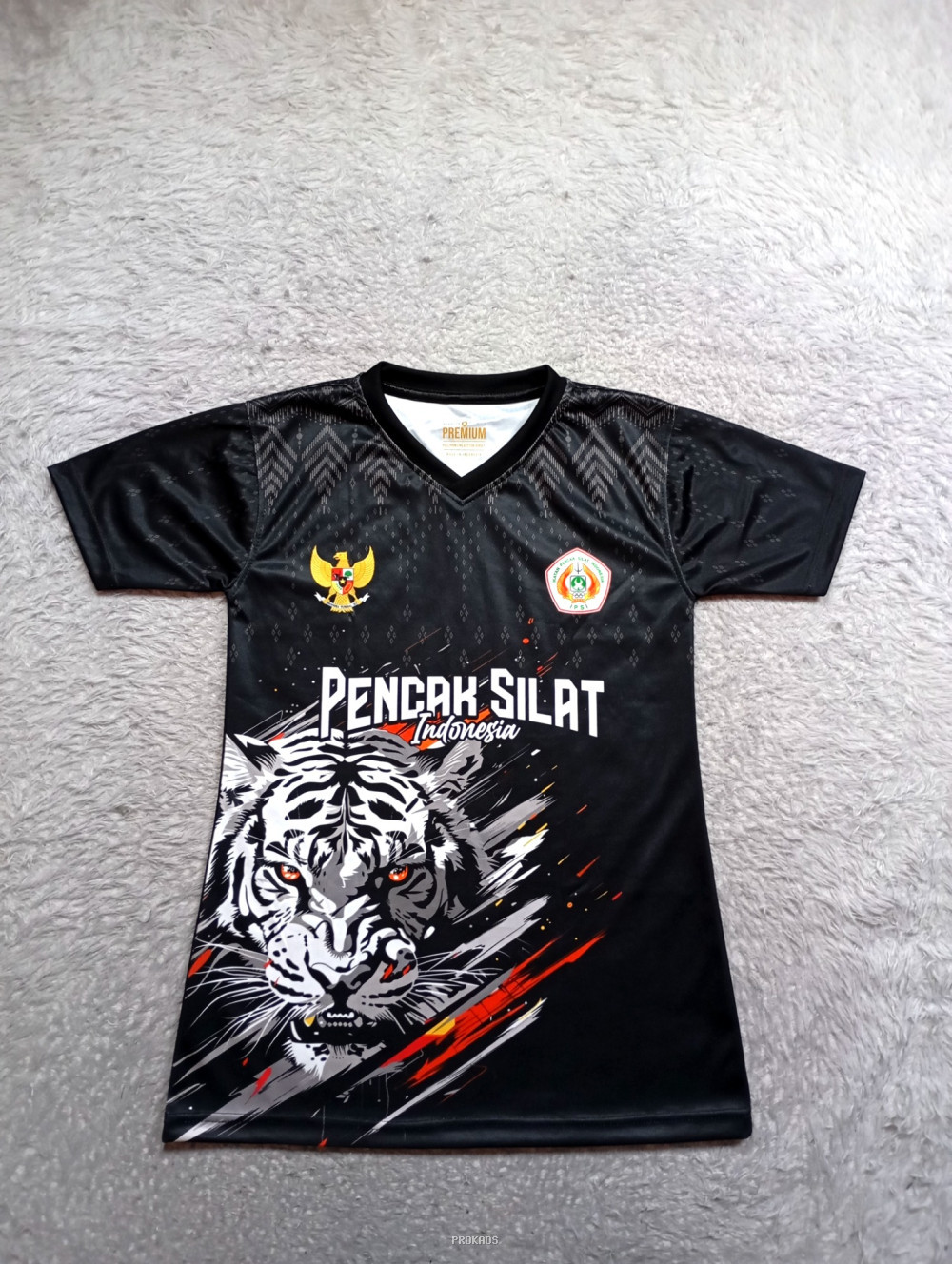 Jersey Pencak Silat Hitam: Motif Harimau & Logo Garuda - Jersey Custom PROKAOS