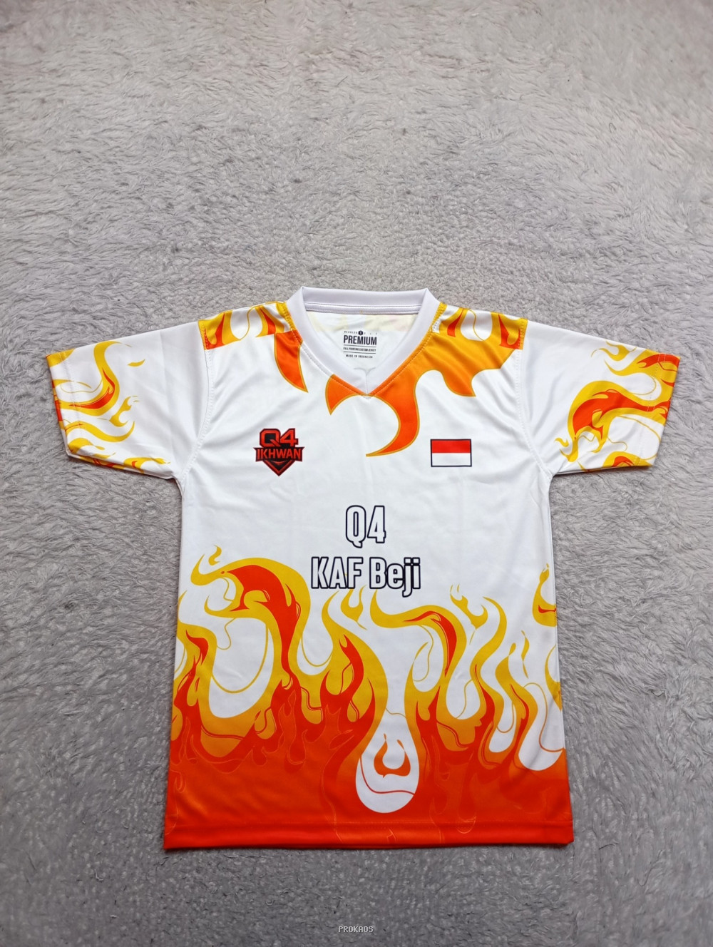 Jersey Putih Api: Q4 KAF Beji dengan Logo dan Bendera Merah Putih - Jersey Custom PROKAOS