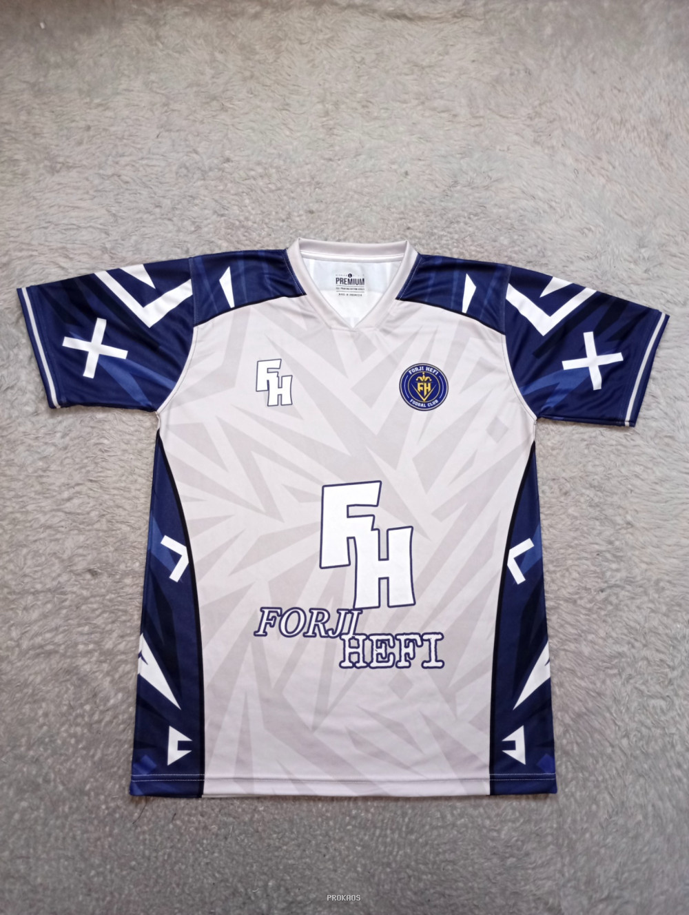 Jersey Putih-Biru dengan Logo FH dan Klub FORJI HEFI - Jersey Custom PROKAOS
