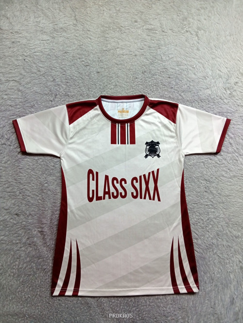 Jersey Putih Class Sixx dengan Detail Merah Marun - Jersey Custom PROKAOS