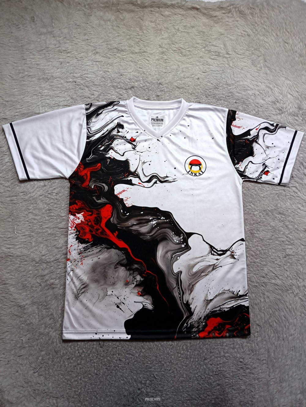 Jersey Putih dengan Desain Abstrak & Logo INKAI - Jersey Custom PROKAOS