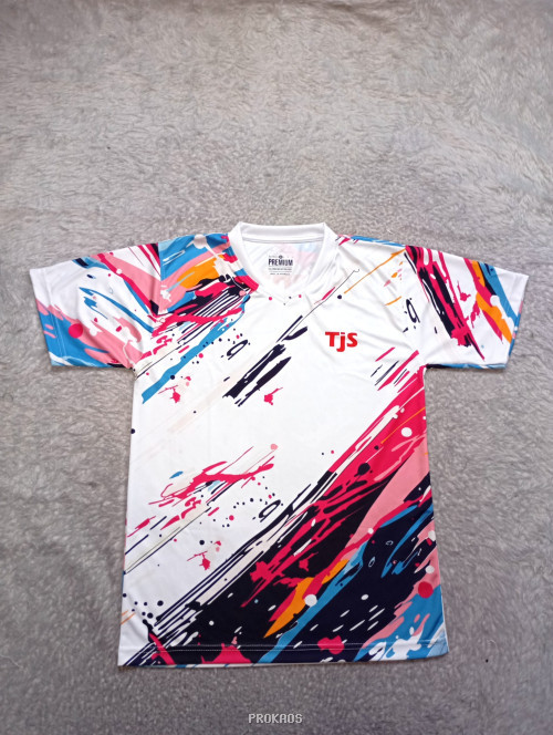 Jersey Putih dengan Desain Abstrak Warna-warni & Logo TJS - Jersey Custom PROKAOS