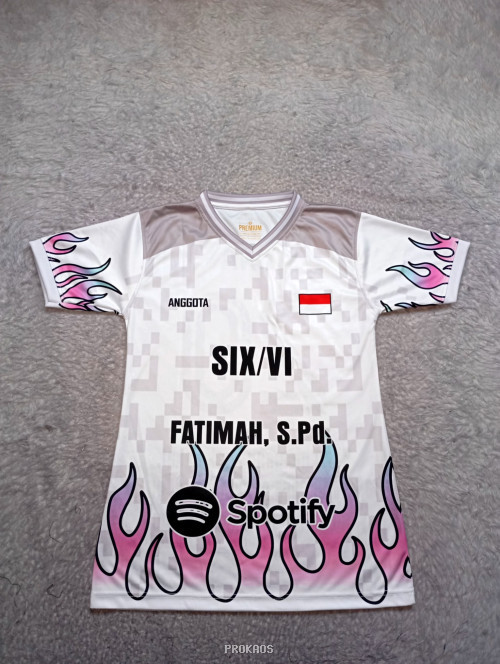 Jersey Putih dengan Desain Api, Nama, dan Branding Spotify - Jersey Custom PROKAOS