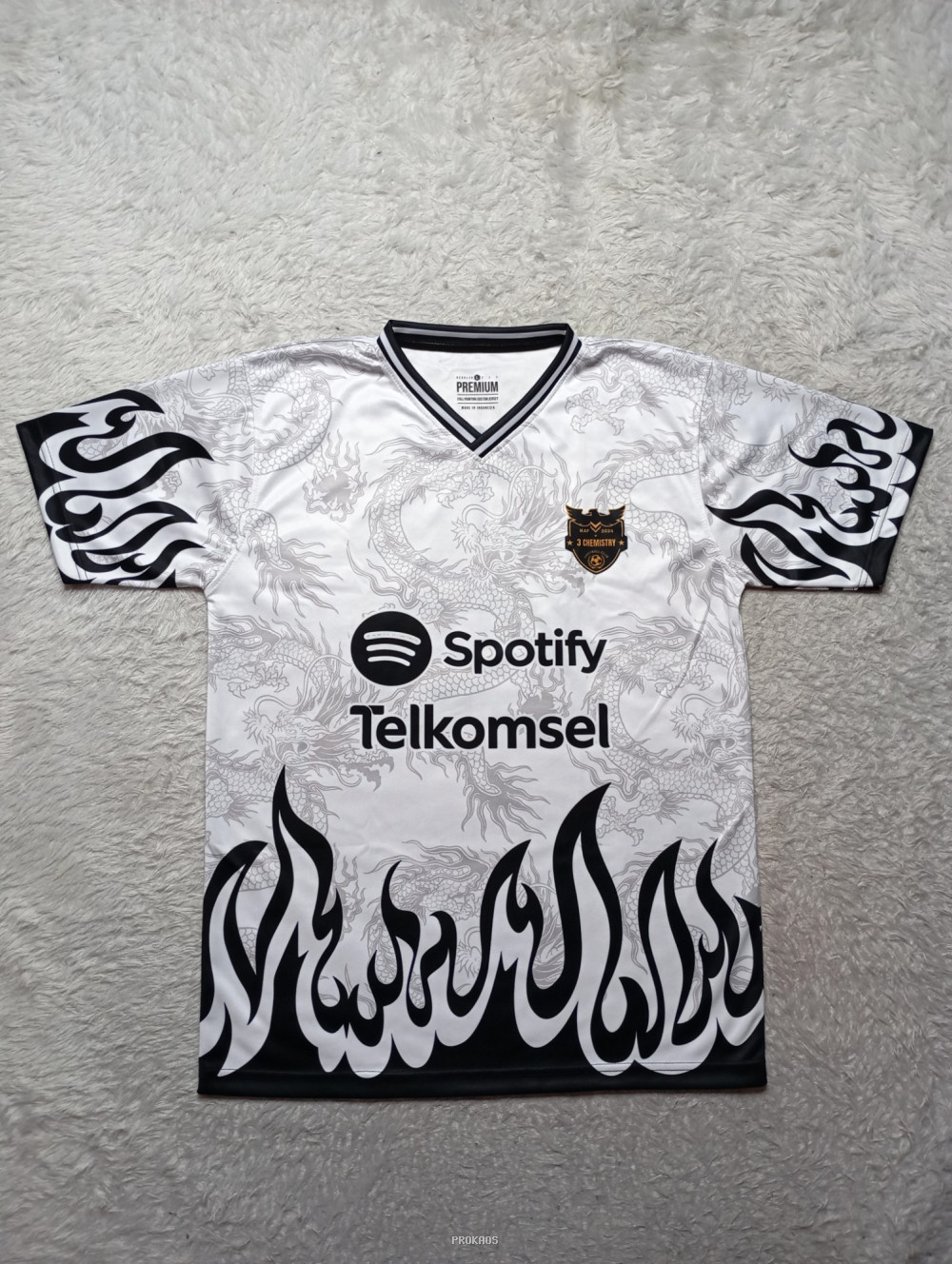 Jersey Putih dengan Motif Naga, Api, dan Sponsor Spotify - Jersey Custom PROKAOS