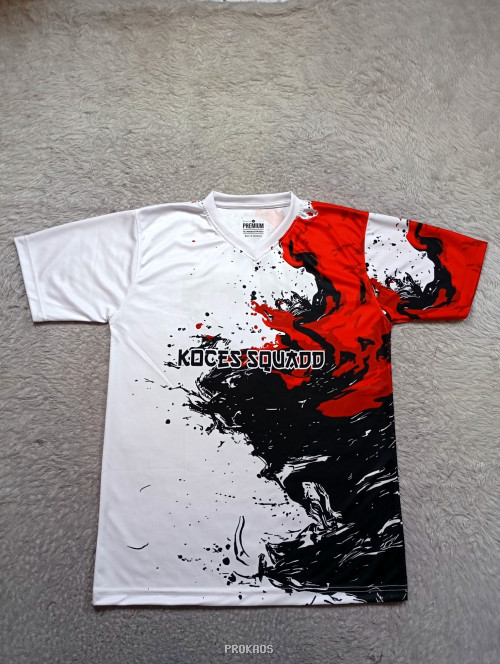 Jersey Putih "KOCES SQUADD" dengan Desain Abstrak Merah Hitam - Jersey Custom PROKAOS