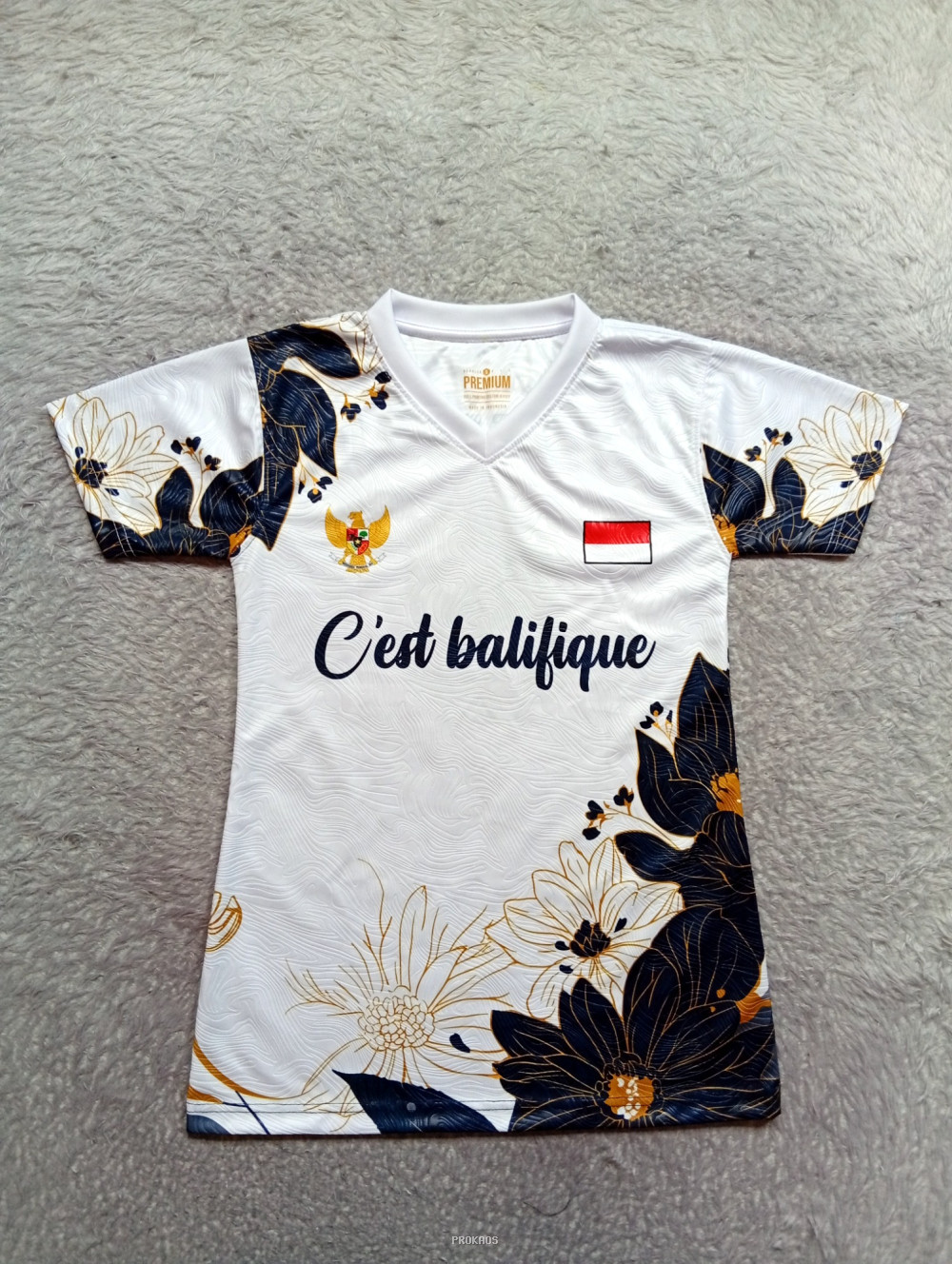 Jersey Putih Motif Bunga dengan Logo Garuda dan Bendera Indonesia - Jersey Custom PROKAOS