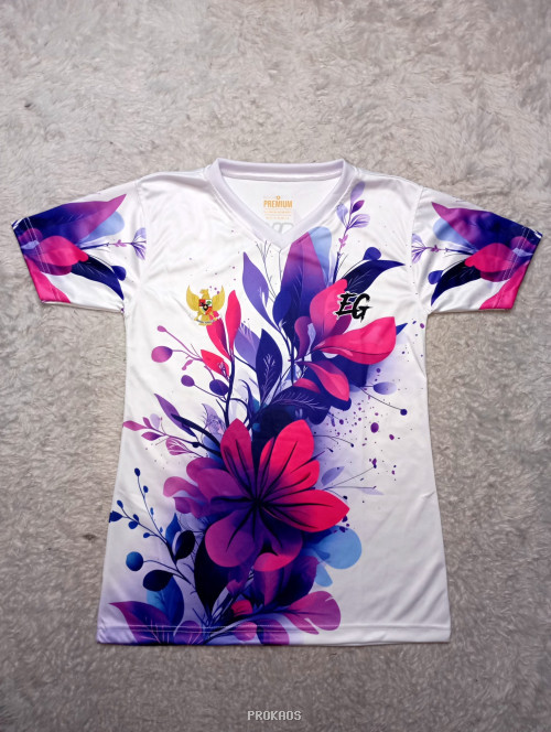 Jersey Putih Motif Bunga: Kombinasi Warna Ungu-Pink Elegan - Jersey Custom PROKAOS