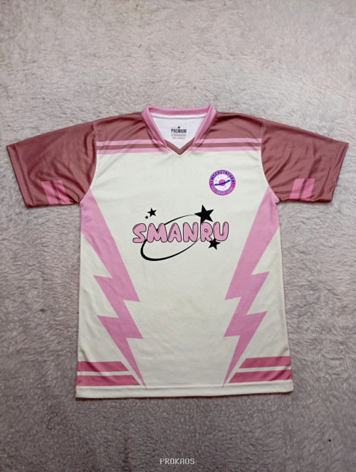 Jersey Putih-Pink SMANRU, Desain Petir & Logo Sekolah - Jersey Custom PROKAOS