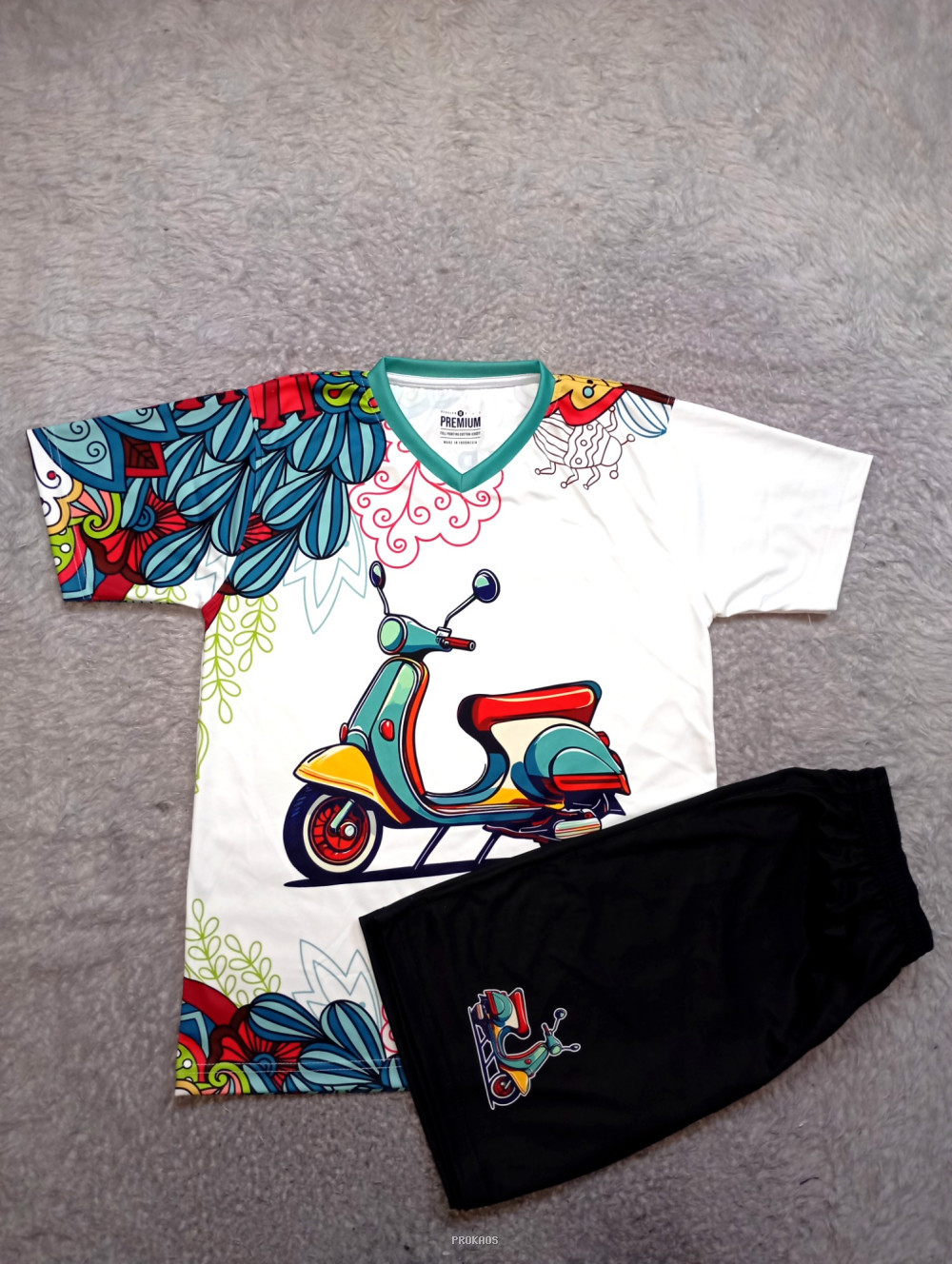 Jersey Putih Setelan Vespa dengan Motif Floral dan Celana Hitam - Jersey Custom PROKAOS