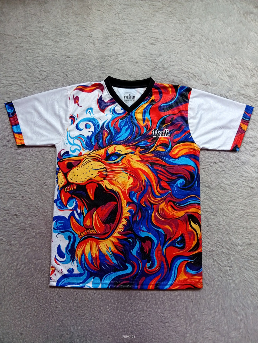 Jersey Singa Garang dengan Desain Api Warna-warni - Jersey Custom PROKAOS