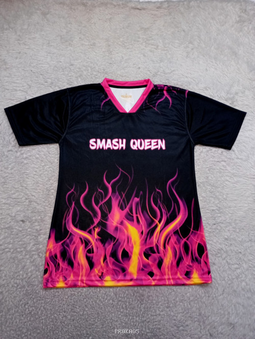 Jersey 'SMASH QUEEN' dengan Motif Api: Hitam, Pink, & Kuning - Jersey Custom PROKAOS