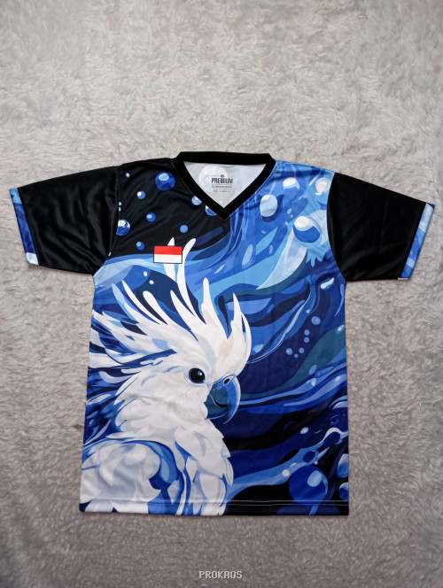 Jersey V-neck: Ilustrasi Burung Kakatua Putih & Desain Air Biru - Jersey Custom PROKAOS