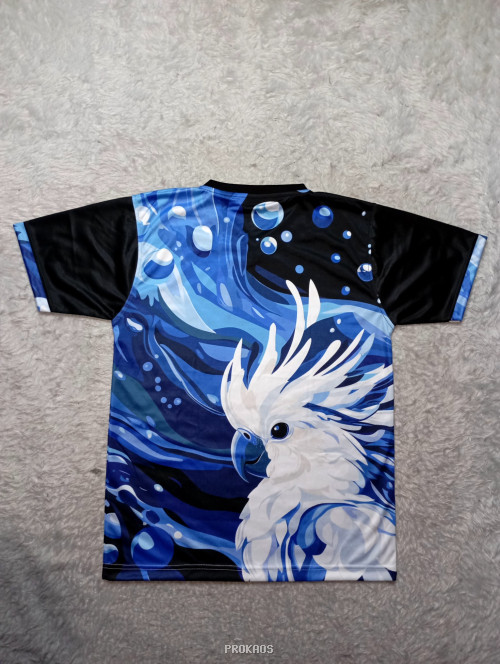 Jersey V-neck: Ilustrasi Burung Kakatua Putih & Desain Air Biru - Gambar 2