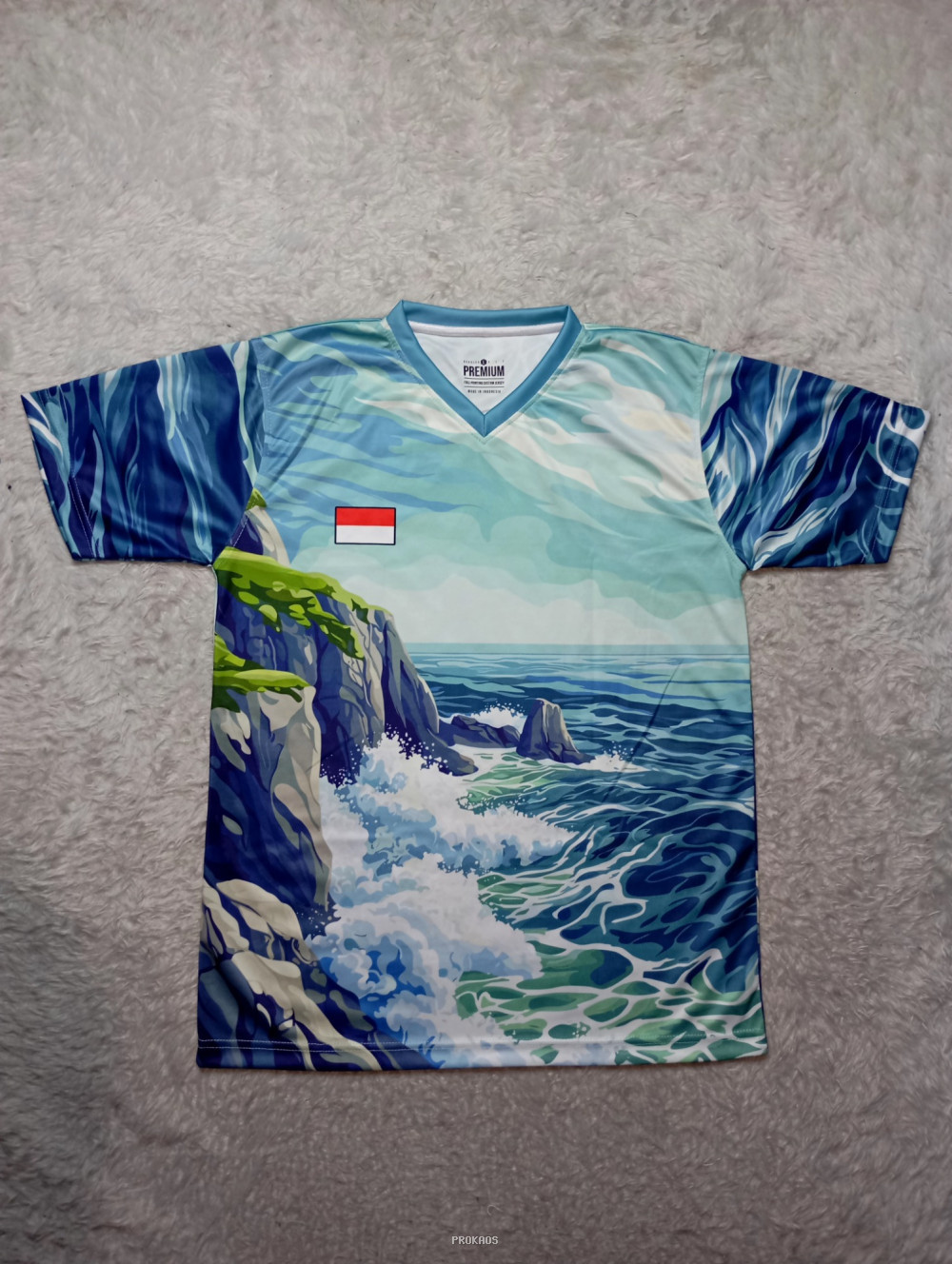 Jersey V-neck: Pemandangan Laut dengan Bendera Merah Putih - Jersey Custom PROKAOS
