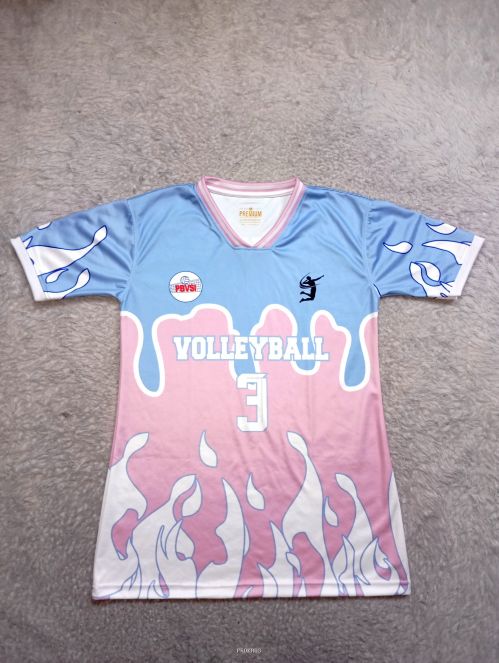 Jersey Voli: Desain Api & Warna Pastel dengan Nomor 3 - Jersey Custom PROKAOS