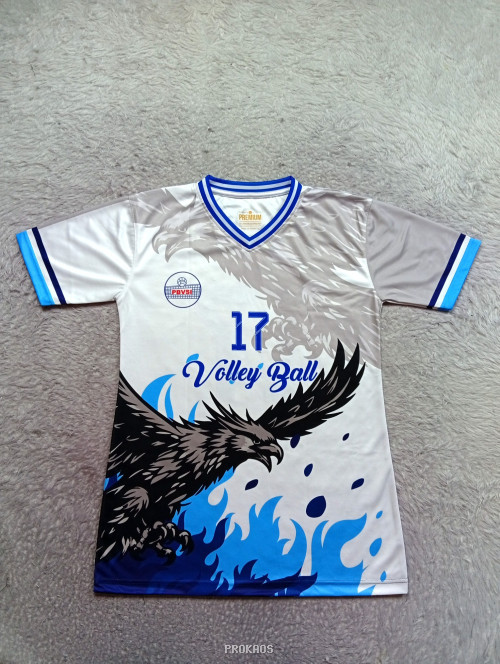 Jersey Voli: Elang Membara, Kombinasi Putih, Abu, Biru - Jersey Custom PROKAOS