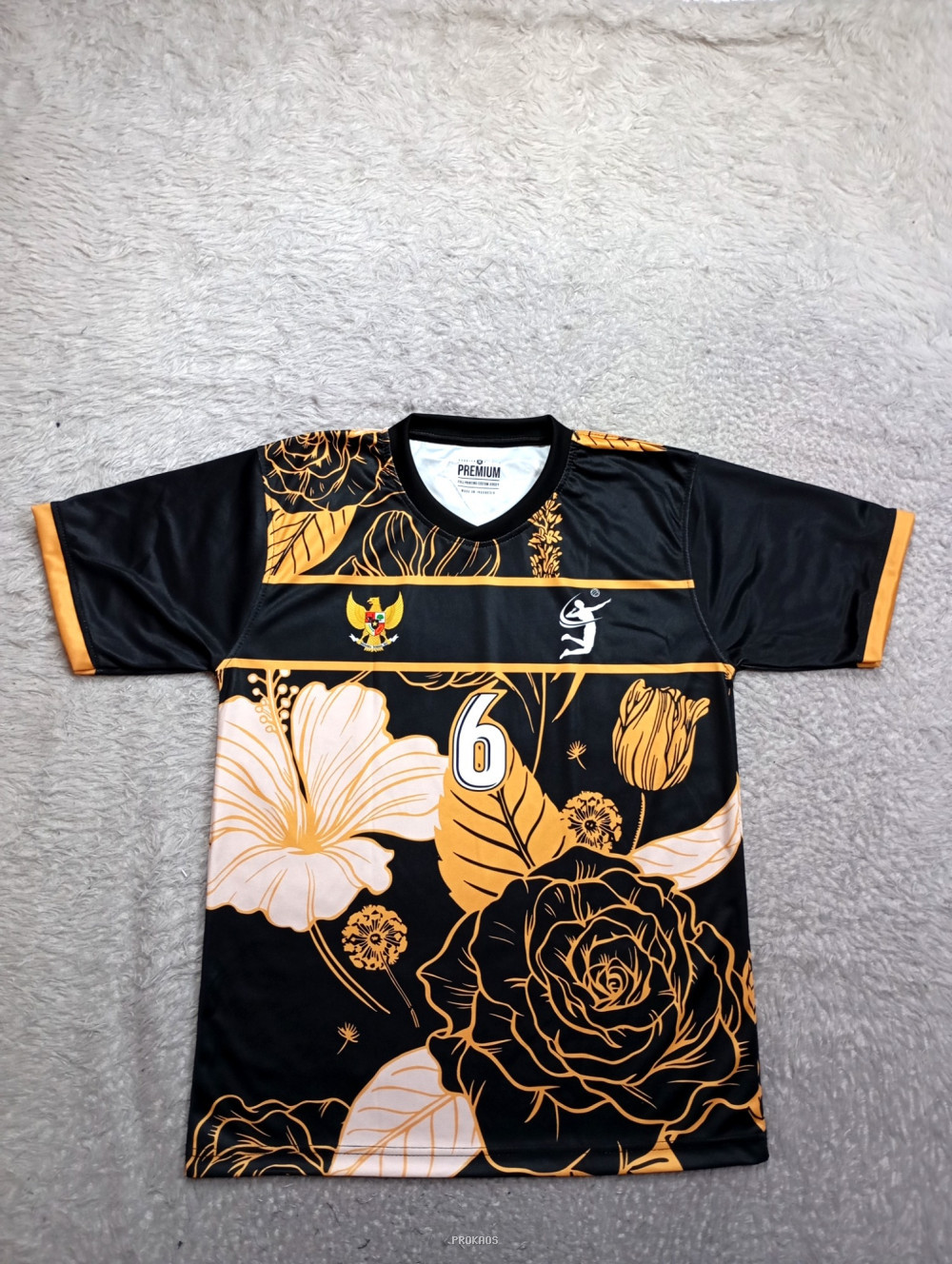 Jersey Voli Hitam dengan Motif Bunga dan Elemen Emas - Jersey Custom PROKAOS