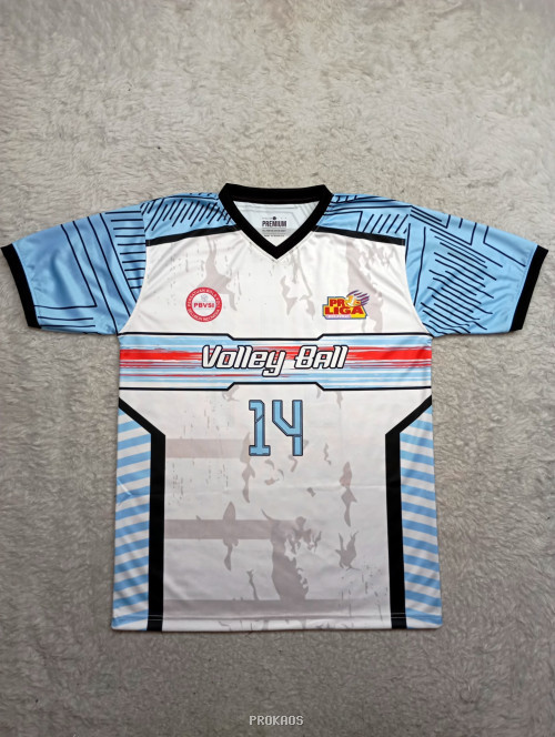 Jersey Voli Putih-Biru dengan Desain Dinamis & Nomor 14 - Jersey Custom PROKAOS