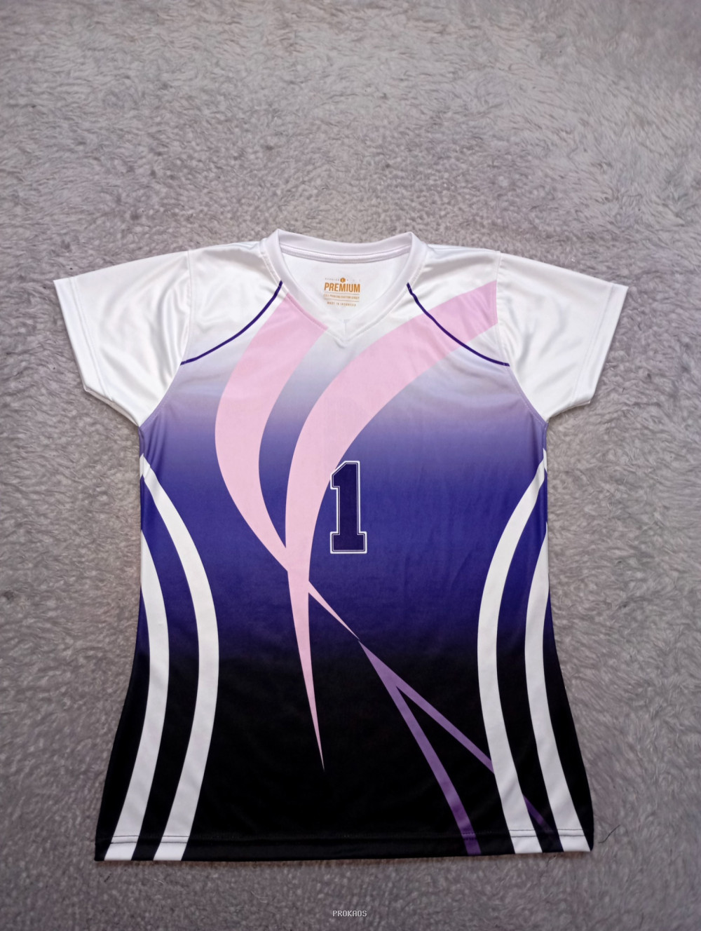 Jersey Voli Ungu-Putih dengan Nomor 1 dan Desain Gradasi - Jersey Custom PROKAOS
