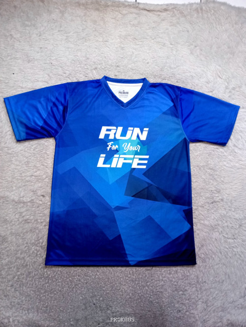 Jersey Lari Biru dengan Desain Geometris dan Tulisan RUN - Jersey Custom PROKAOS