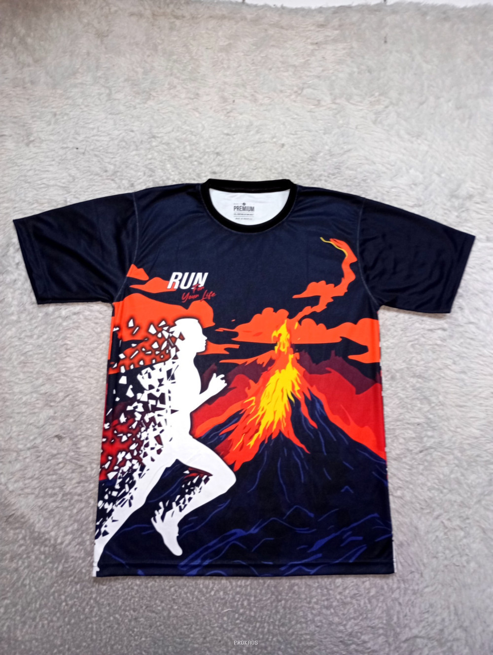 Jersey Lari 'Run Your Life' dengan Desain Gunung Berapi - Jersey Custom PROKAOS