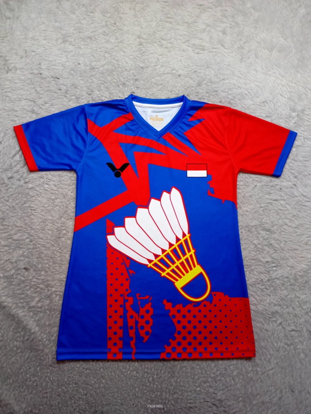 Jersey Badminton Merah-Biru Motif Shuttlecock & Bendera - Jersey Custom PROKAOS